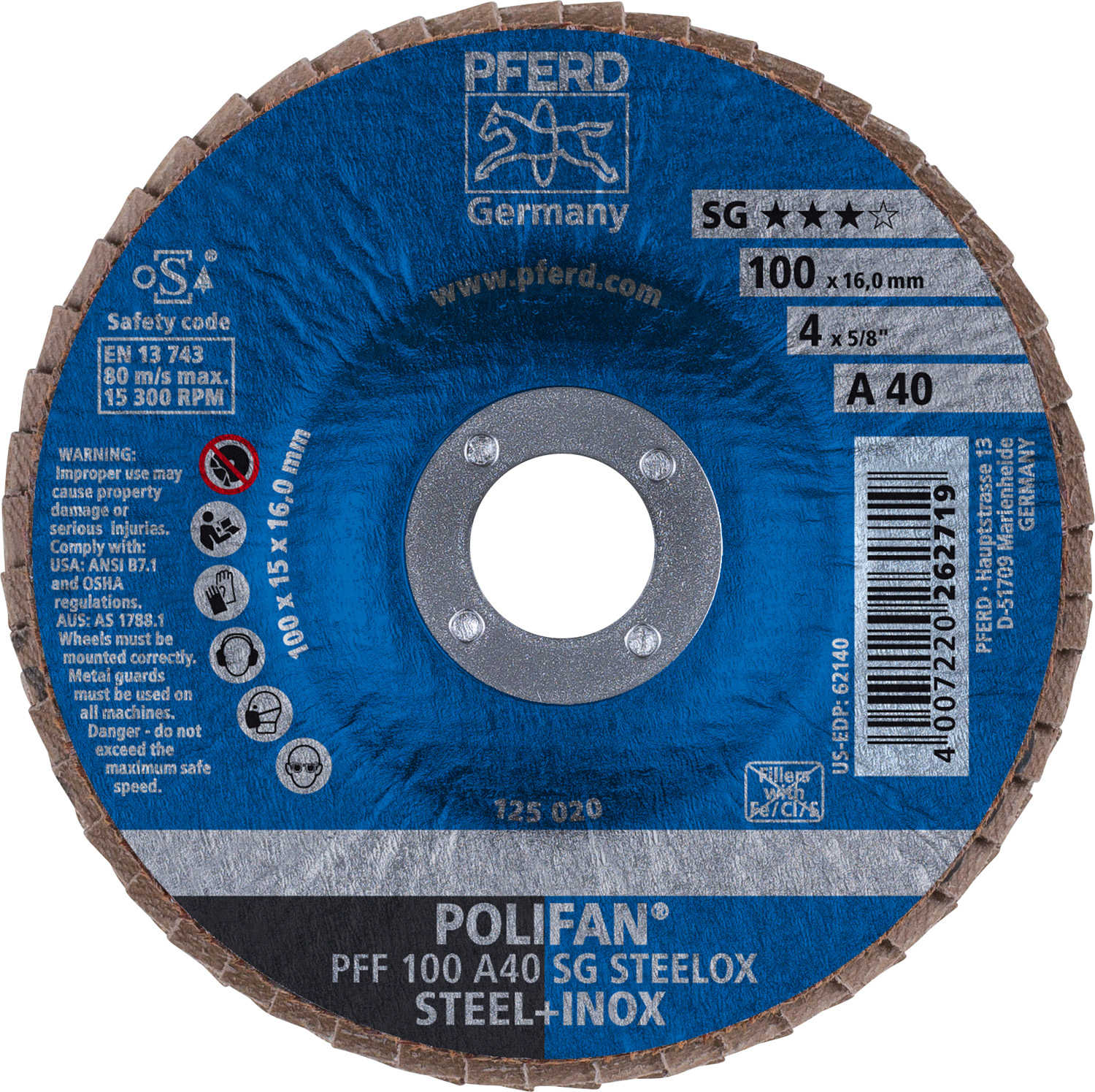 4 x 5/8" A.H. POLIFAN® Flap Disc, A SG STEELOX, Aluminum oxide, 40 Grit, Flat